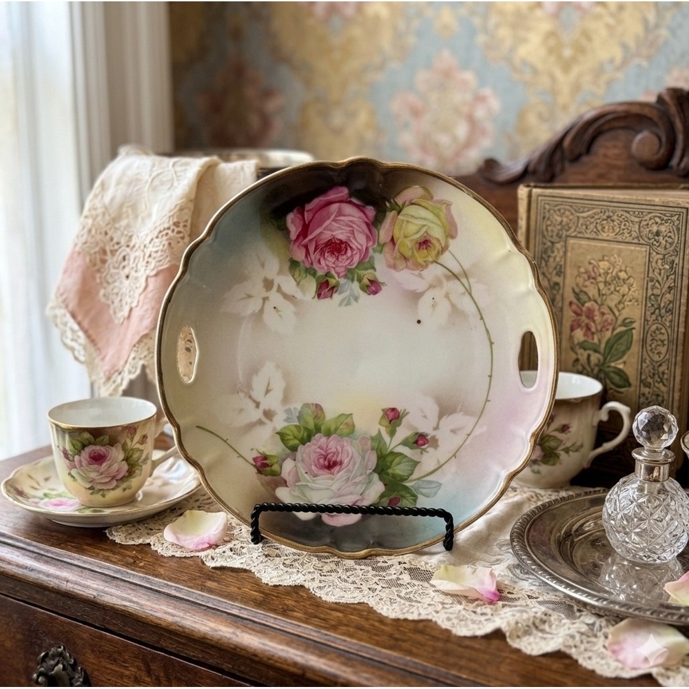 Vintage German Porcelain Handled Cake Plate Hand Painted Pink Roses Gold Trim - Picture 2 of 11
